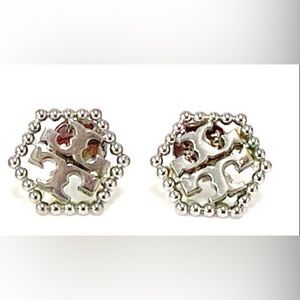 Tory Burch Silver Tone Logo Stud Earrings